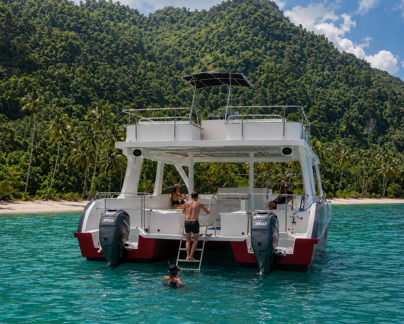 Antares custom-built catamaran anchored near the tropical coast at Jackson Bay
