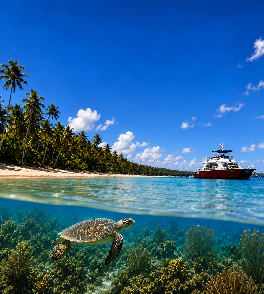 Antares boat, tropical beach and sea turtle at Jackson Bay near Las Terrenas