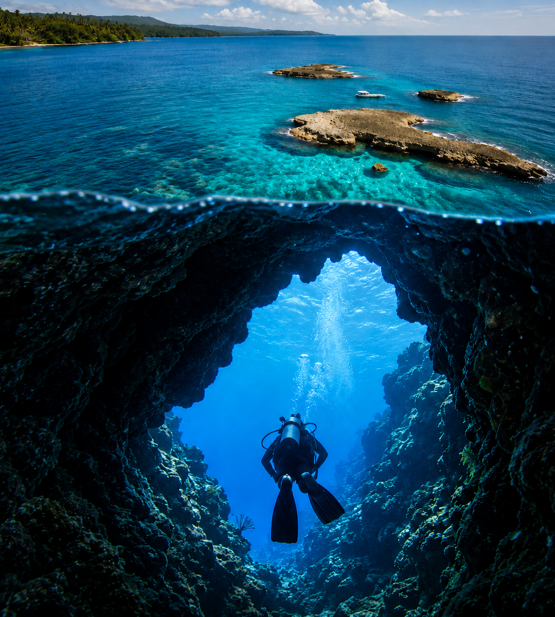 Ballenas Islands and a scuba diver swimming through an underwater rock formation