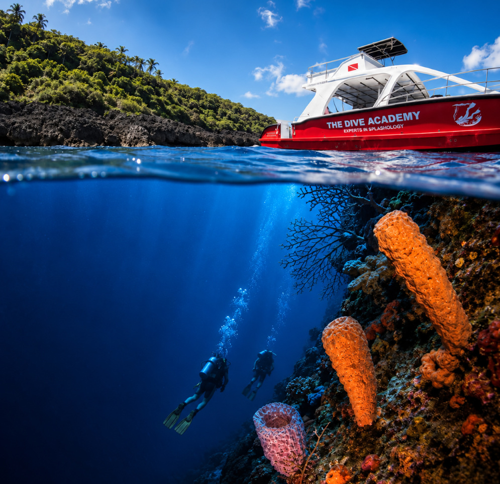 Dive boat and scuba divers exploring giant sponges at Cabo Cabrón National Park