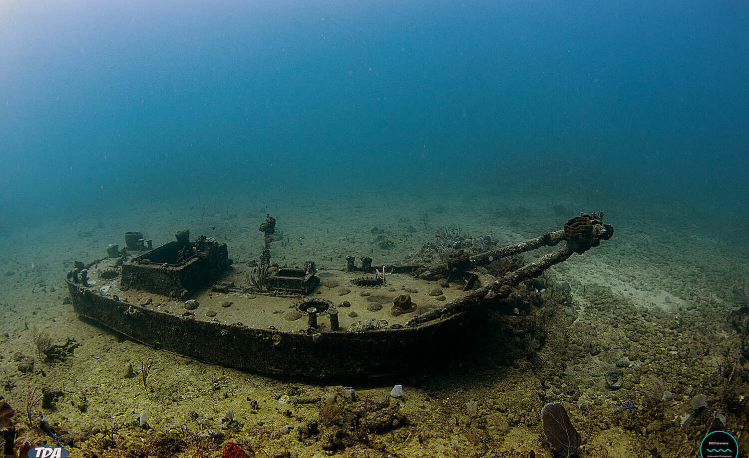 Shipwreck resting on the seabed at the Creole Reef dive site