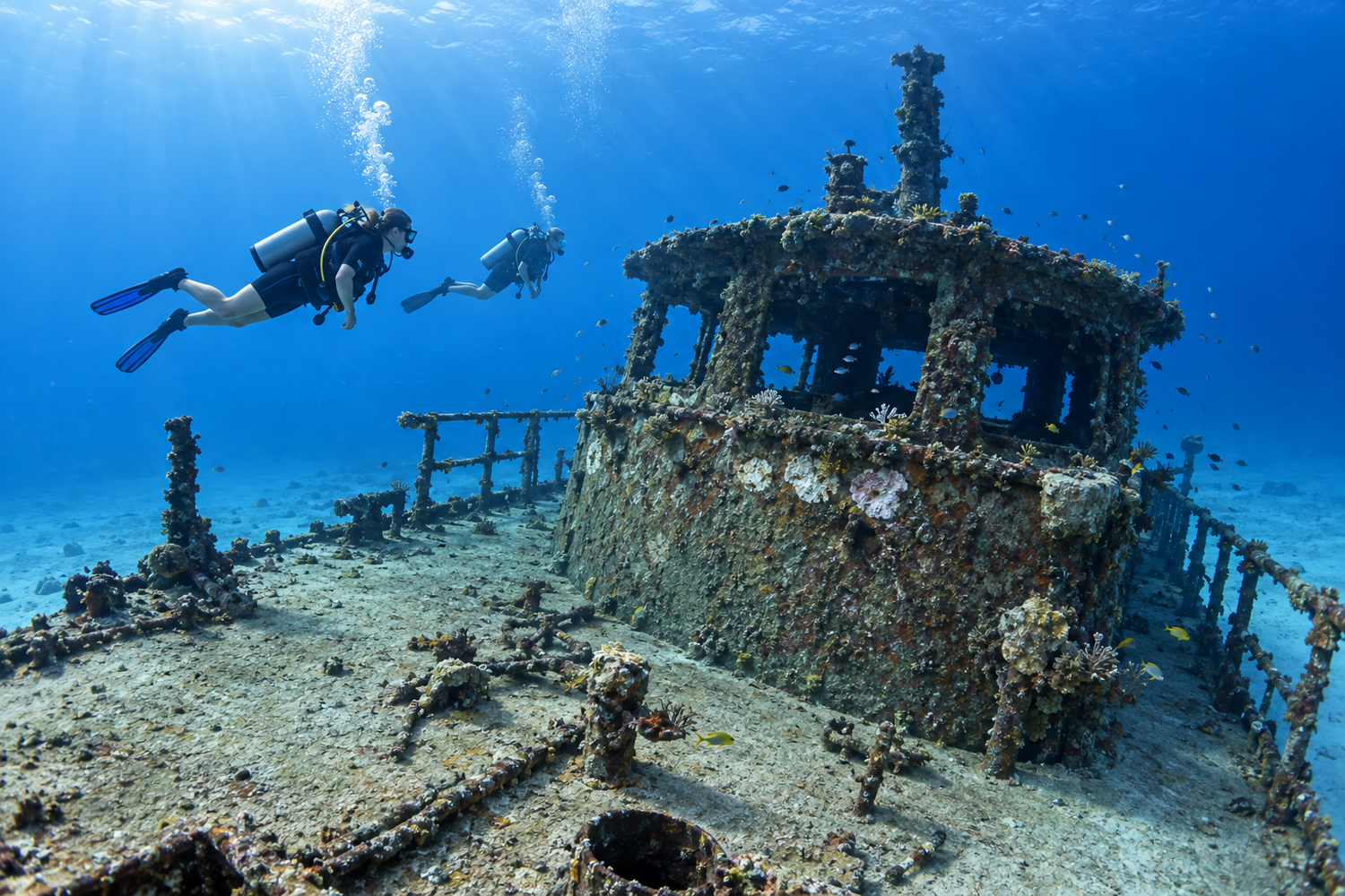 Advanced scuba divers exploring a shipwreck underwater