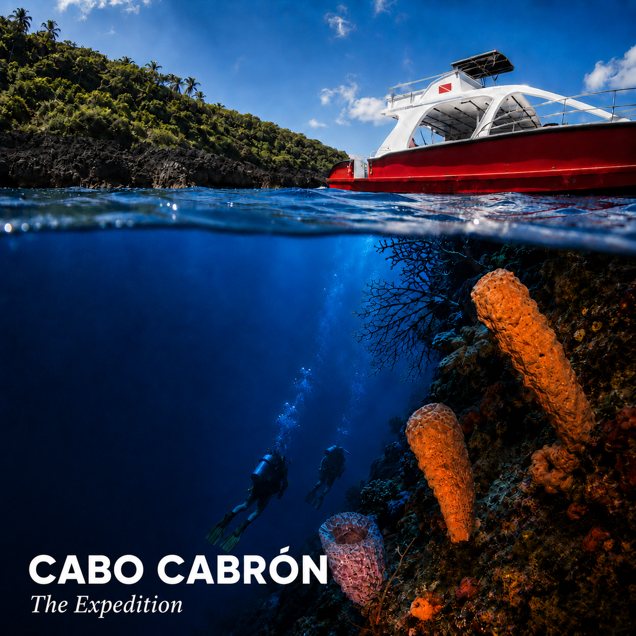 Antares dive boat and scuba divers exploring giant sponges at Cabo Cabrón National Park