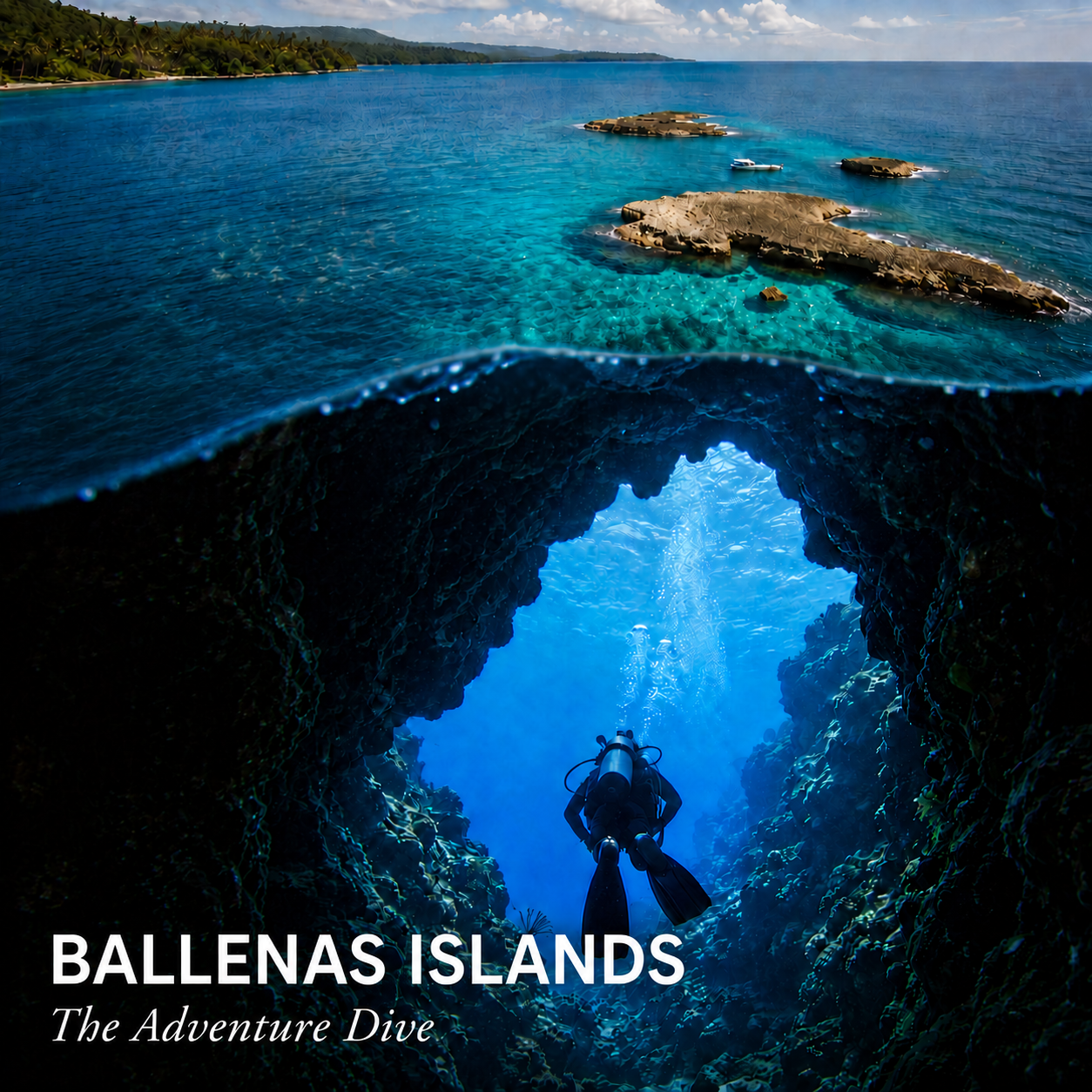 Ballenas Islands and a scuba diver swimming through an underwater rock formation